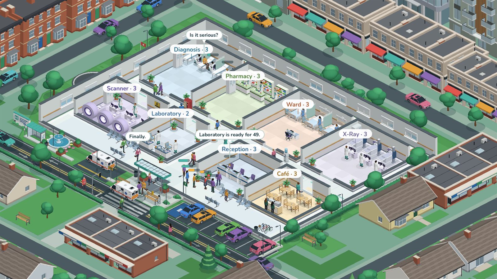 A busy hospital in 3D with every department open